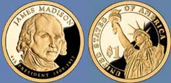 2007 James Madison Presidential Dollar $1 Coins: D & P Mint 2 Coin Set